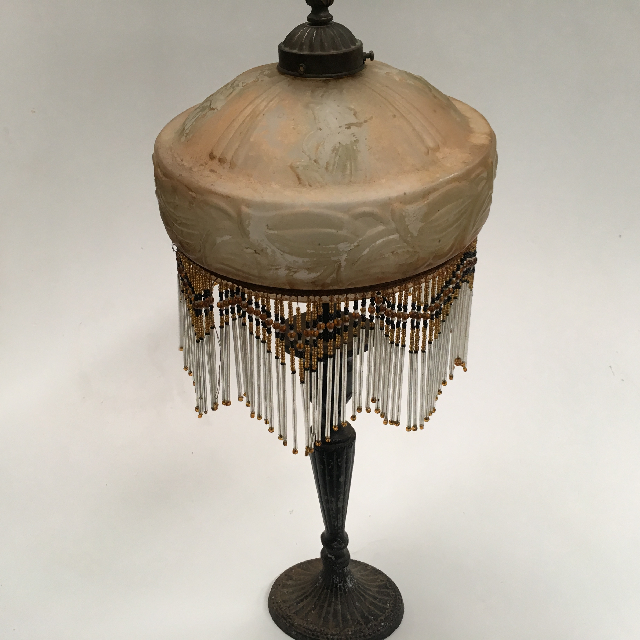 LAMP, Table Lamp (Victorian) - Brass Base w Opaque Glass and Beaded Shade